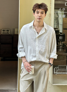 轻熟风白色衬衫长袖男高级感春秋季宽松百搭休闲衬衣上衣外套简约