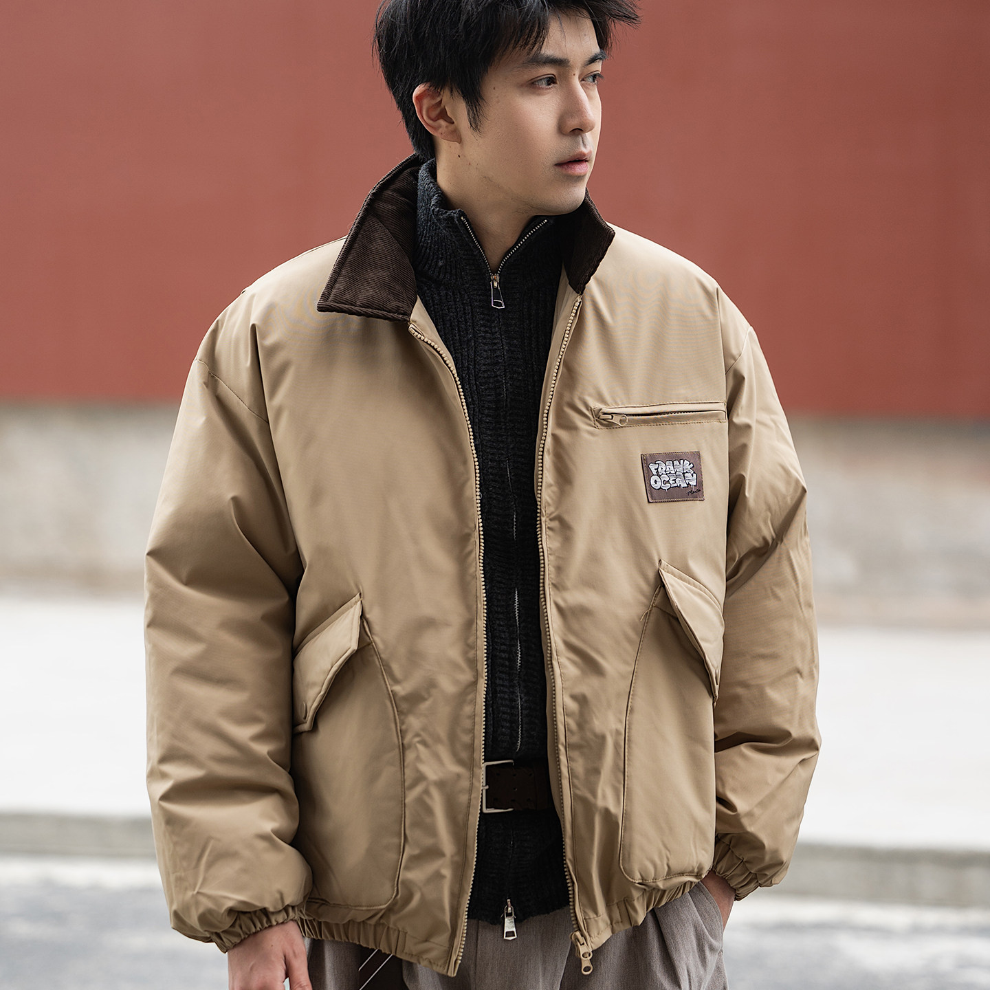 零界素日系复古工装灯芯绒领棉衣冬季宽松休闲加厚大口袋棉服外套