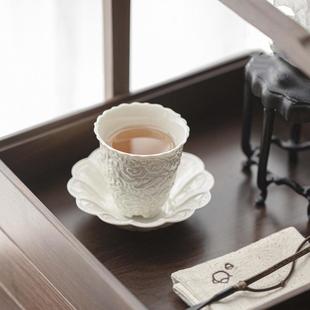 草木灰釉手工浮雕陶瓷主人杯功夫茶具家用复古茶杯品茗杯