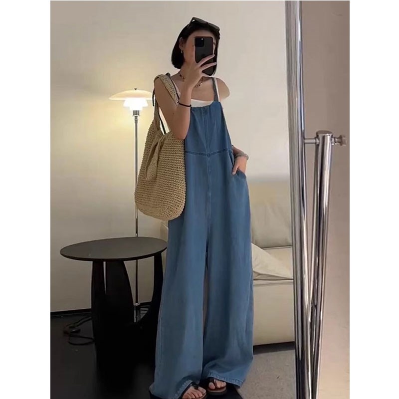 韩系复古宽松休闲牛仔背带裤女2025夏季慵懒风减龄百搭阔腿连体裤