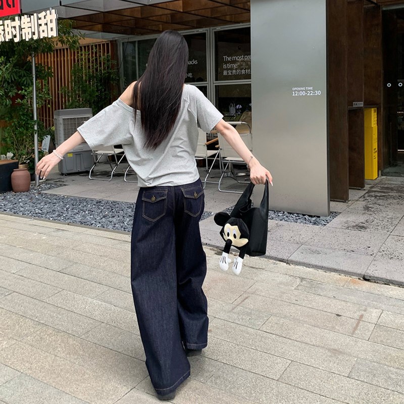 低腰阔腿原色牛仔裤女薄款夏季2025新款美式复古直筒休闲拖地长裤
