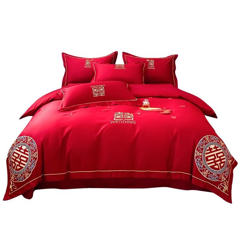 高档中式刺绣全棉婚庆四件套大红色床单被套纯棉陪嫁结婚床上用品