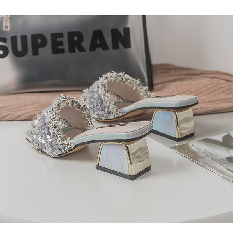 2024银色亮片一字拖女粗跟法式凉拖拖鞋女外穿百搭露趾.气质高跟