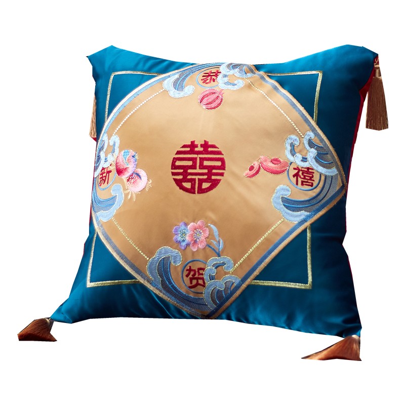 新品精致刺绣婚庆小抱枕 大红带芯长绒棉纯棉结婚贵妃枕床品靠垫