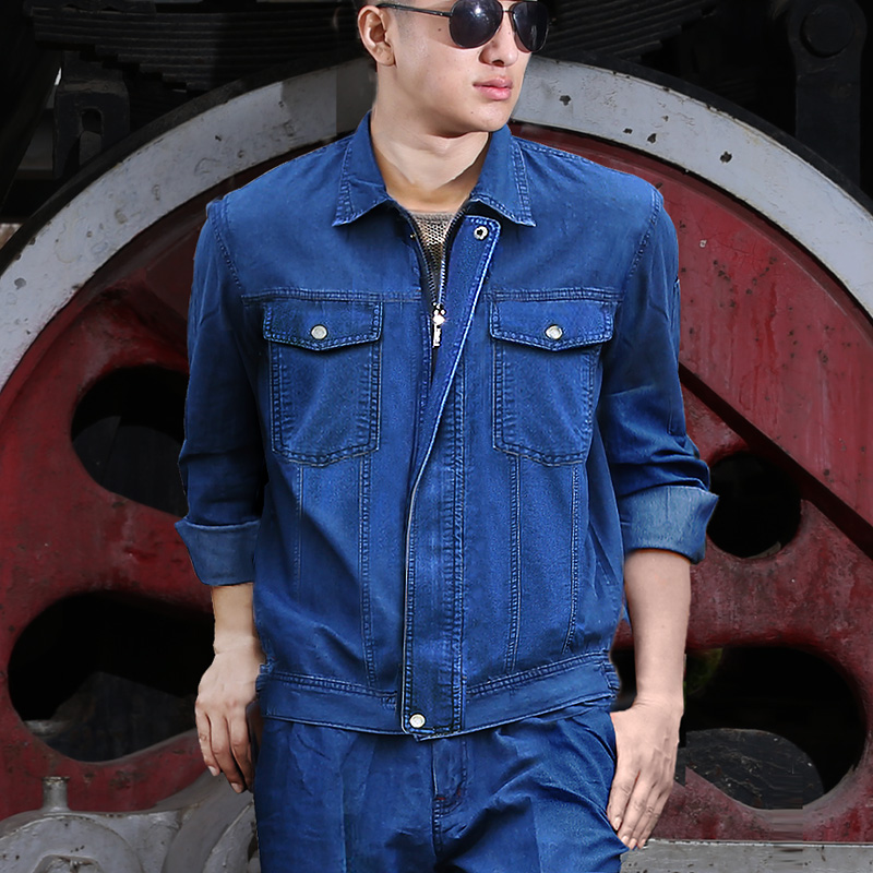 夏季牛仔工作服套装男薄款长袖耐磨劳保服工人电焊工劳保工作服男