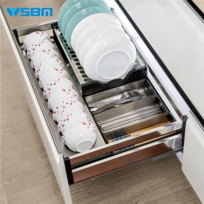 厨房橱柜拉篮不锈钢双层抽屉式阻尼缓冲碗架碗碟篮方钢收纳置物架