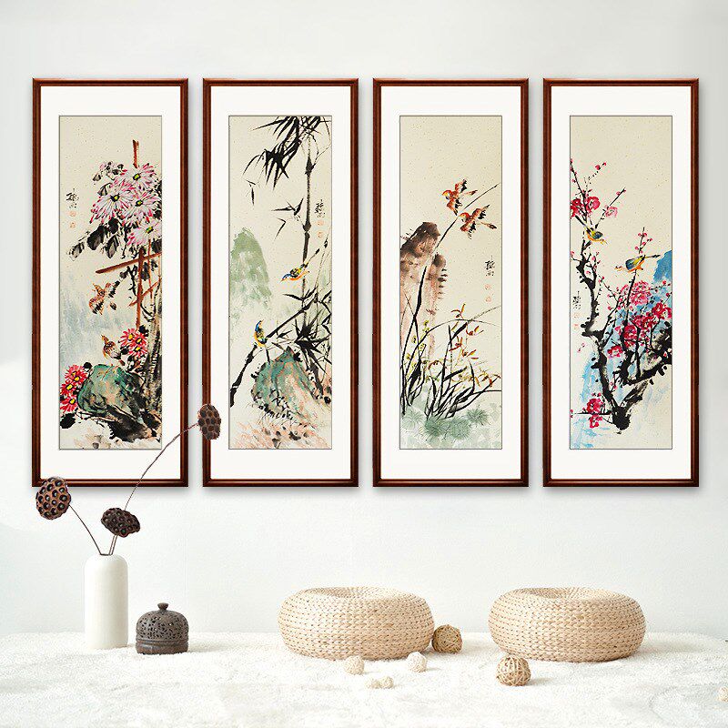 水墨梅兰竹菊四条屏花鸟挂画中式客厅沙发背景墙四联装饰国画手绘