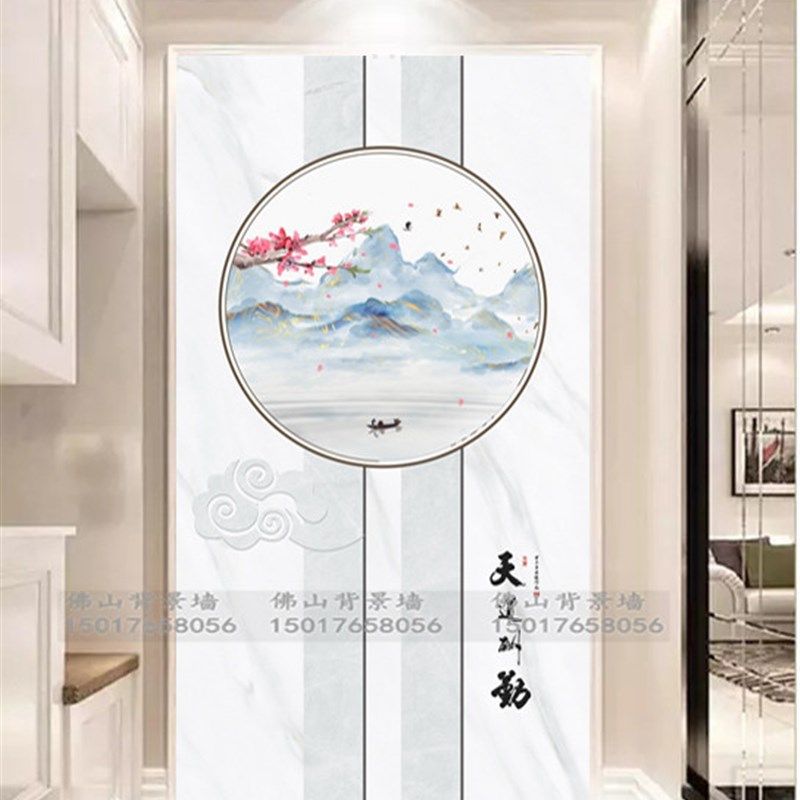 玄关岩板背景墙瓷砖微晶石大理石过道装饰壁画立体简约现代新中式