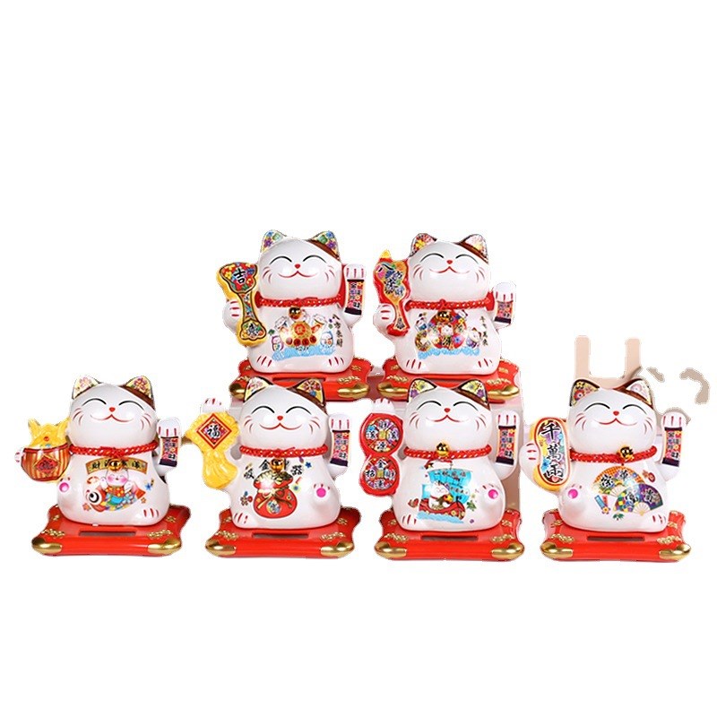 创意6寸太阳能自动摇手招财猫装饰品汽车摆件店铺开业礼品赠送