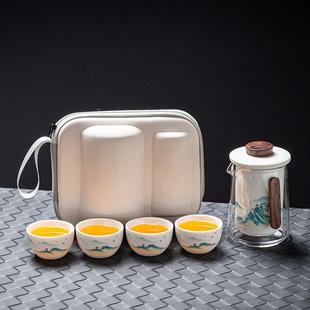 便携式 羊脂玉瓷旅行茶具套装 户外露营一壶四杯快客杯车载旅行泡茶