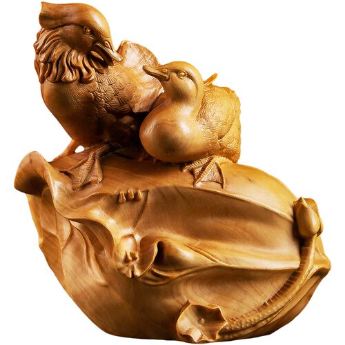 乐清黄杨木雕实木雕刻手把件鸳鸯喜荷动物中式家居装饰工艺品摆件