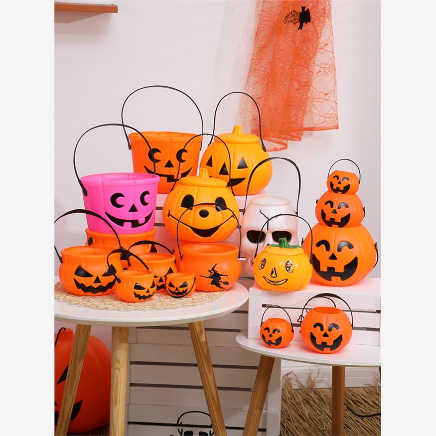 南瓜灯万圣节南瓜桶与盖儿童书包发光南瓜罐塑料糖果装饰用品道具