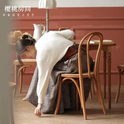 樱桃房间｜18号椅全实木餐椅藤编北欧复古靠背椅原木书桌椅家用