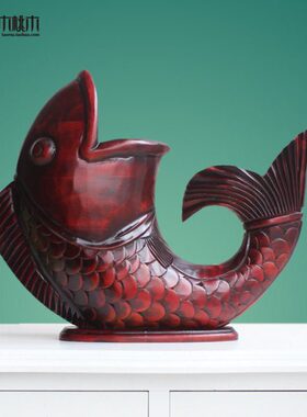 现代中式客厅玄关摆件创意家居饰品复古木雕鱼工艺品店铺开业礼品