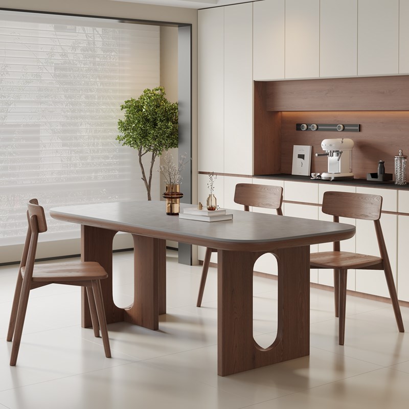 复古风洞石岩板餐桌家用小户型饭桌胡桃木餐桌椅休闲组合长方形