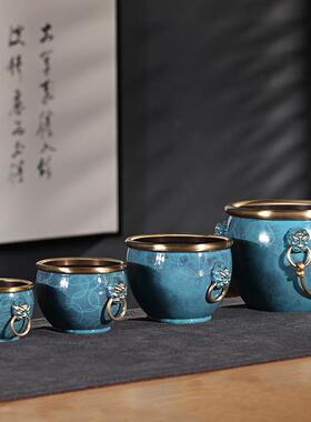 黄铜聚宝盆禅意摆件家用中式客厅玄关装饰品工艺品大号铜缸黄铜