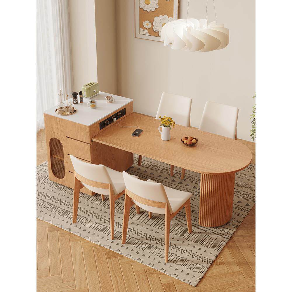 实木岛台餐桌一体可伸缩原木风餐桌椅组合小户型中倒台简约饭桌