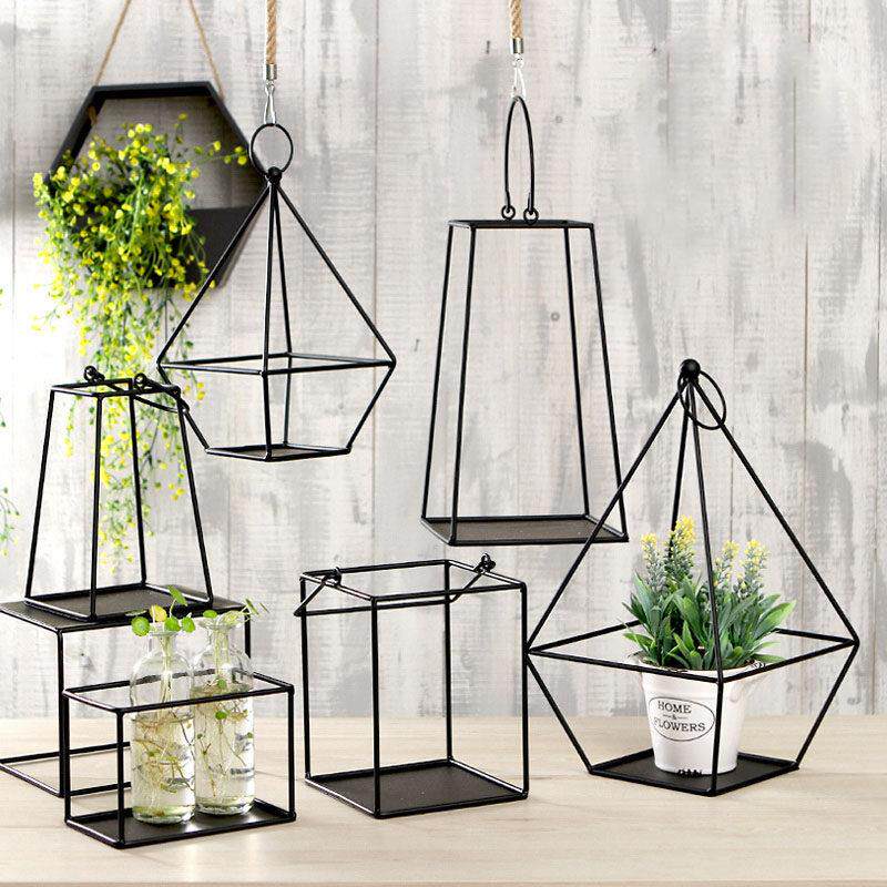 简约现代几何铁艺空中花盆吊饰铁管置物架户外阳台花架挂饰悬挂