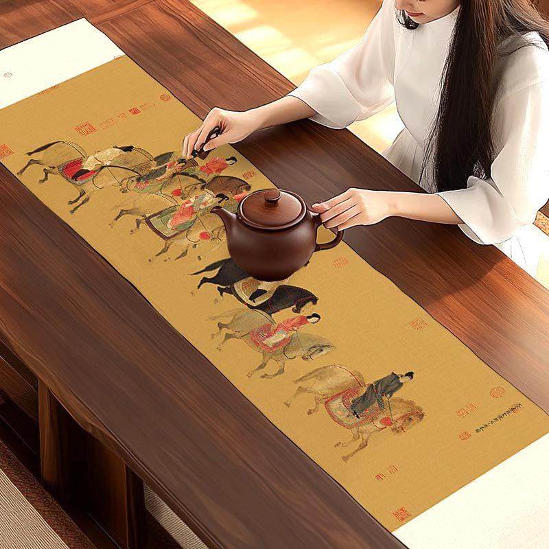 虢夫人游春图茶席茶巾茶旗桌旗防水长条台布中式床旗中国桌布禅意,居家布艺,桌旗,淘宝优惠券,粉丝福利购,淘宝优惠卷