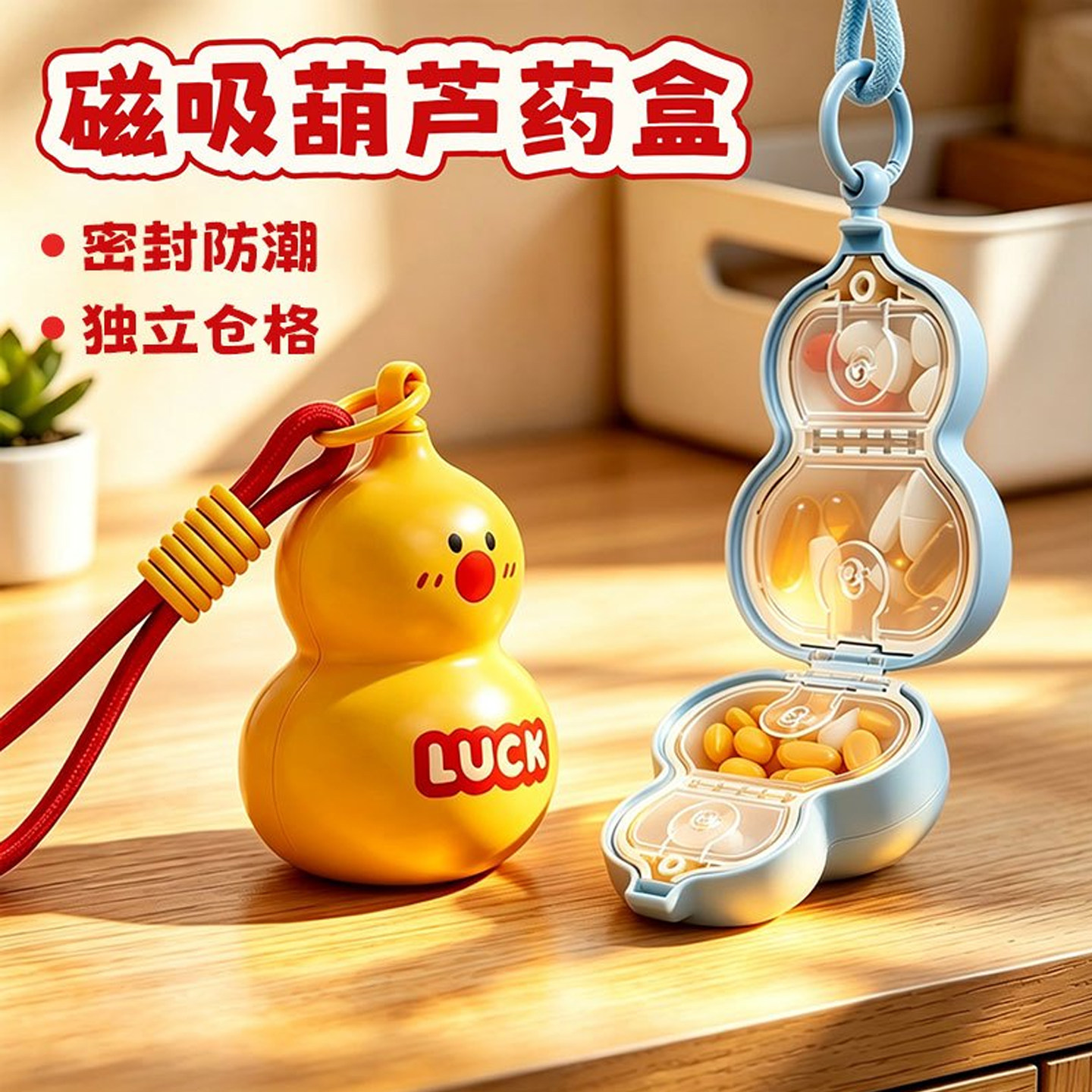 带挂绳贴纸】葫芦药盒便携分装四格随身出行旅行维生素药品收纳盒