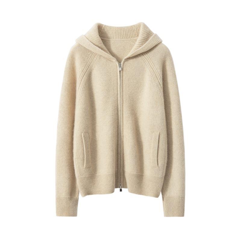 羊绒开衫女士%纯山羊绒连帽卫衣插肩袖长袖厚款针织毛衣外套