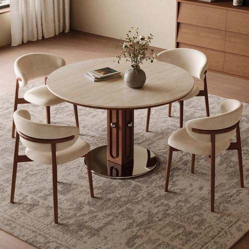 中古风洞石岩板圆桌复古圆形餐桌家用小户型北欧包豪斯实木吃饭桌