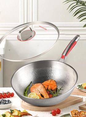 亚摩斯锻打锤纹纯钛炒锅带盖32cm健康无涂层百搭不挑炉灶