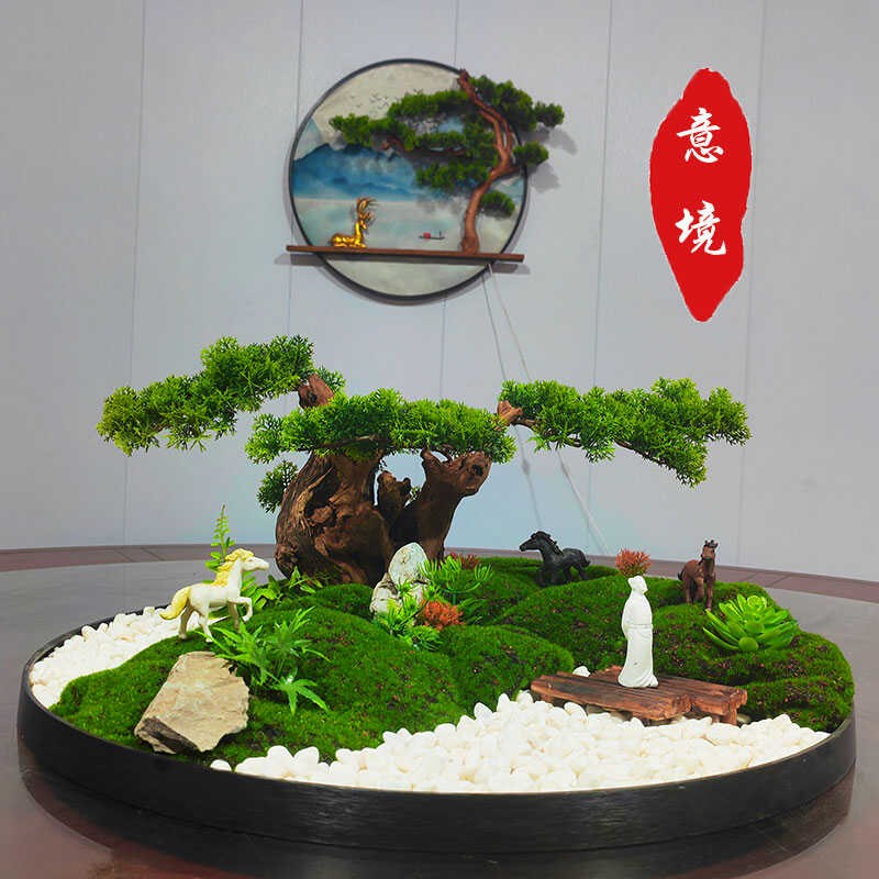新中式餐桌桌花酒店圆桌转盘枯山水摆件餐K厅桌面中间造景装饰沙