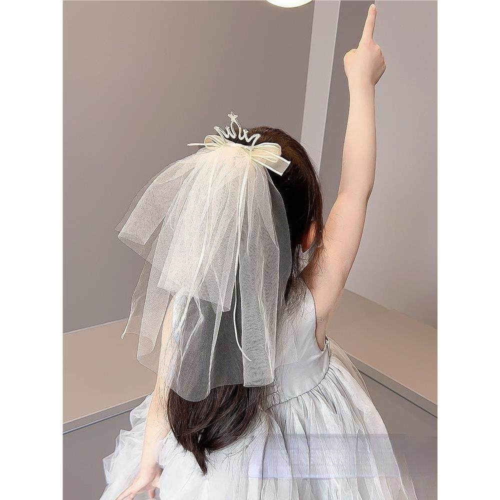 儿童公主面纱小女孩立体明亮的钻石皇冠发夹婴儿顶夹生日照片纱布