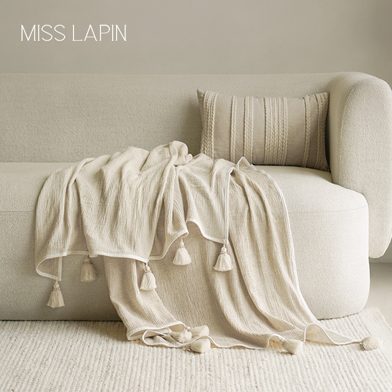 澜品逸梦木珠流苏棉麻纱z毯中式午睡盖毯四季侘寂沙发披毯