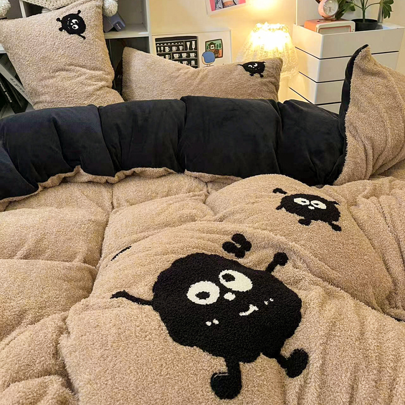 少女心可爱煤球美丽绒保暖牛奶绒冬C款四件套2023新款珊瑚绒双面