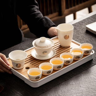 家用轻奢高档陶瓷盖碗茶杯泡W茶壶简约中 羊脂玉白瓷功夫茶具套装