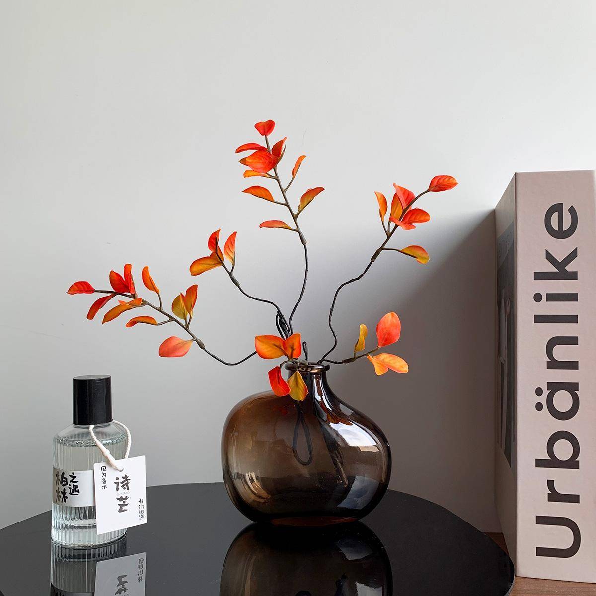 仿33132真红枫花假花叶玻北璃花瓶摆件室内家居客厅枫叶假花欧摆