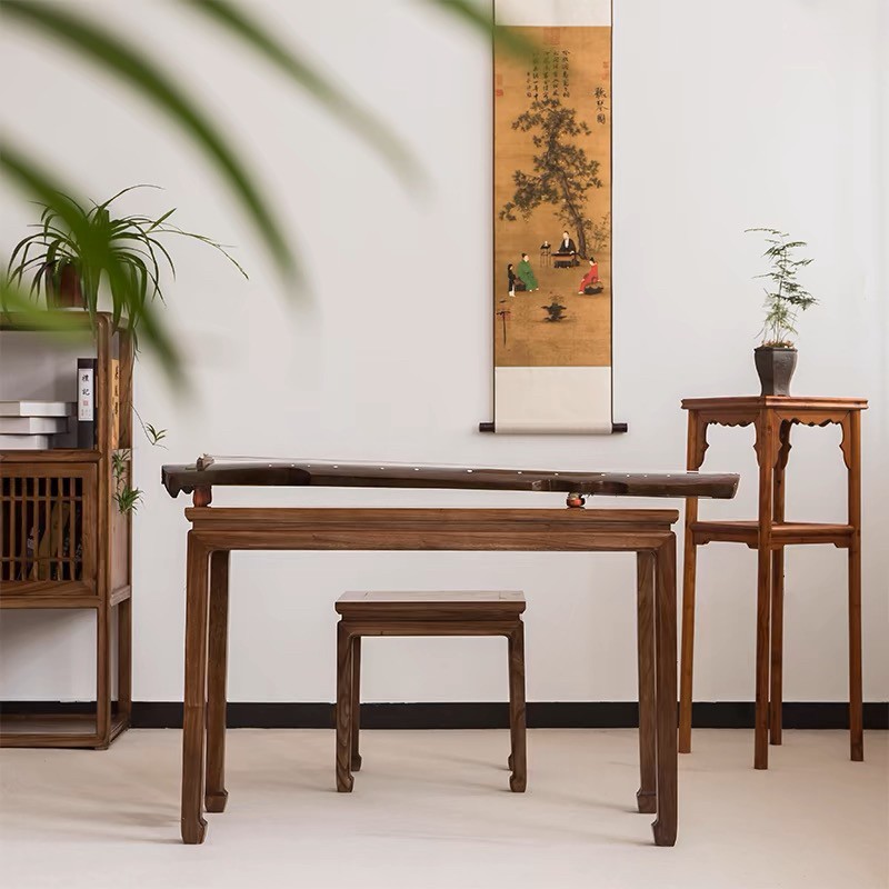 需定制老榆树古琴桌凳共振钢琴桌实木新中国风传统中国书法桌椅黑