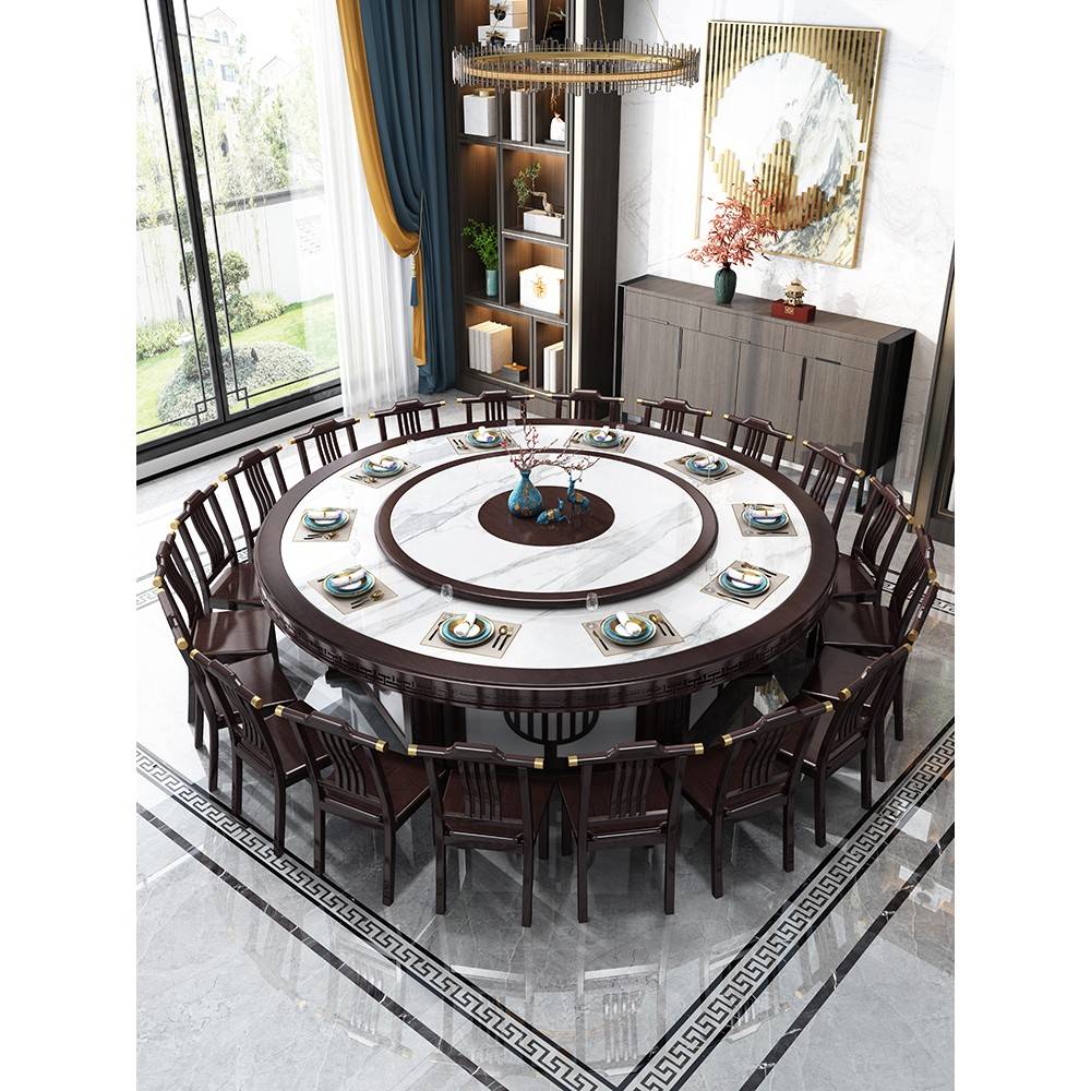 需定制酒店电动餐桌12人20人大圆桌带转盘饭店包邮新中式实木桌椅