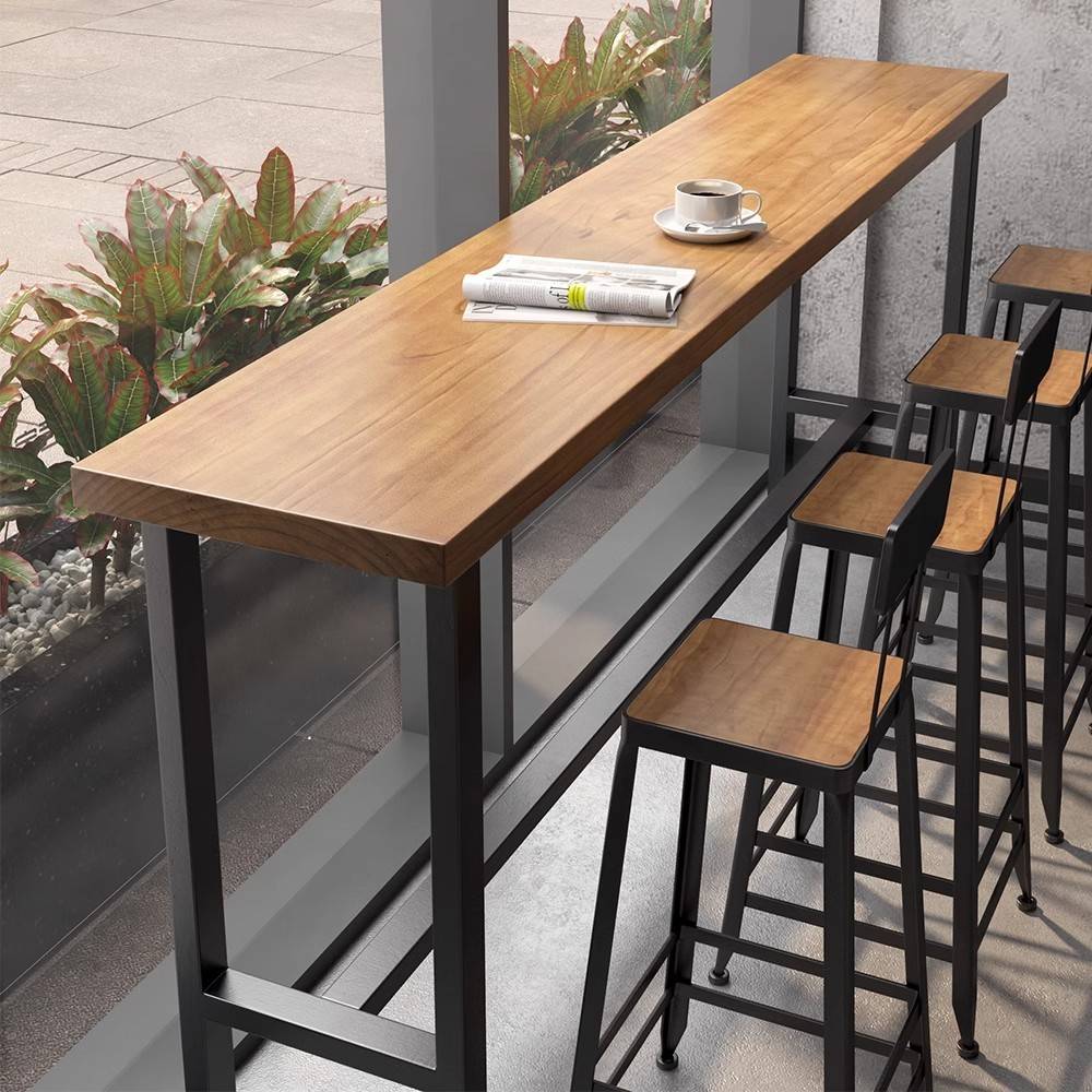 需定制工业风铁艺实木商用吧台桌子奶茶店靠墙长条酒吧高脚桌椅组