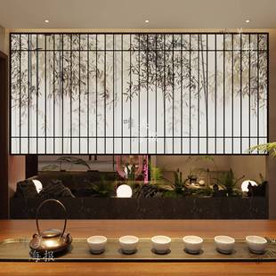 需定制宋氏美学竹影杜邦纸灯箱茶室民宿火锅店背景墙仿格栅屏风竹