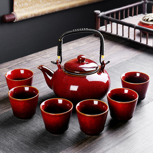家用泡茶壶茶t水杯简约客厅办公大容量陶瓷窑变提梁 色釉茶具套装
