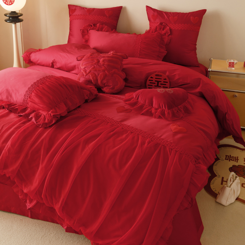 婚庆100S高j支长绒棉四件套立体布贴绣蕾丝网纱花边全棉被套牀品