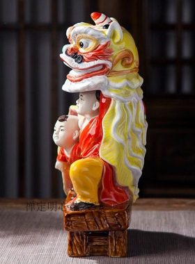 石湾陶瓷家居装饰品客厅摆件开业送礼岭南名俗醒狮舞狮文化 彩青