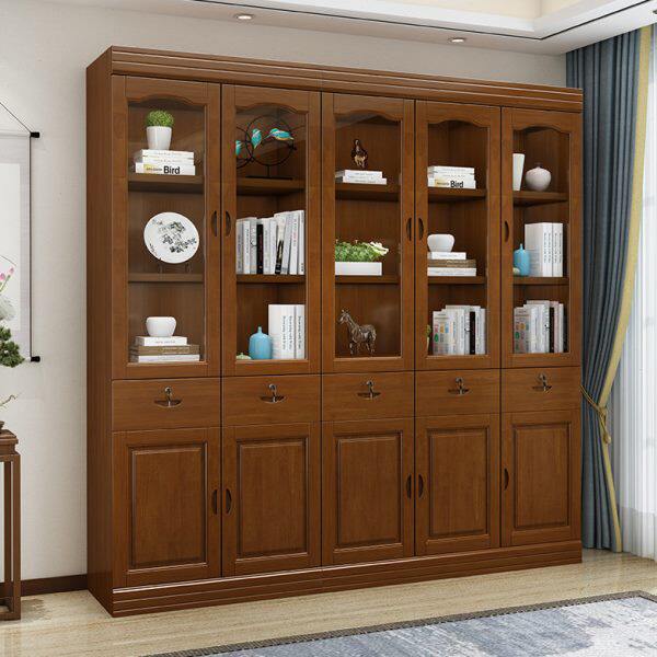 中式实木书柜带门23456门玻璃门组装书橱书房家具书架柜子置物柜