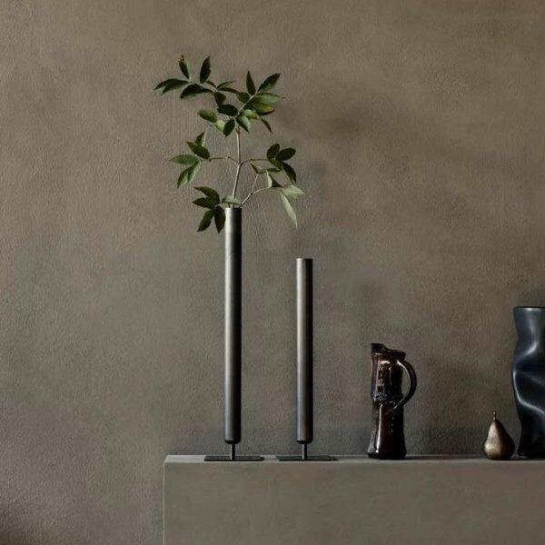 中古风花瓶侘寂风摆件铁艺黑色花器中式插花金属艺术装饰品