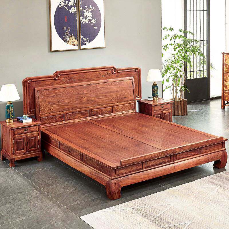 庆喜年红木家具双人床刺猬紫檀花梨木报喜大床中式实木结婚床卧室