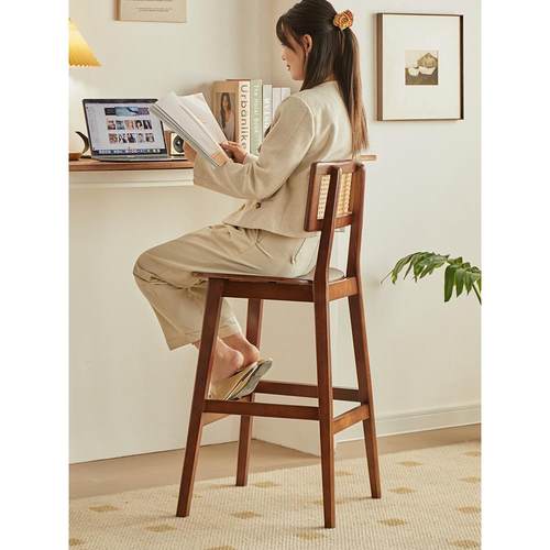 实木藤编吧台椅北欧复古家用岛台高脚凳中古设计师收银台靠背椅子