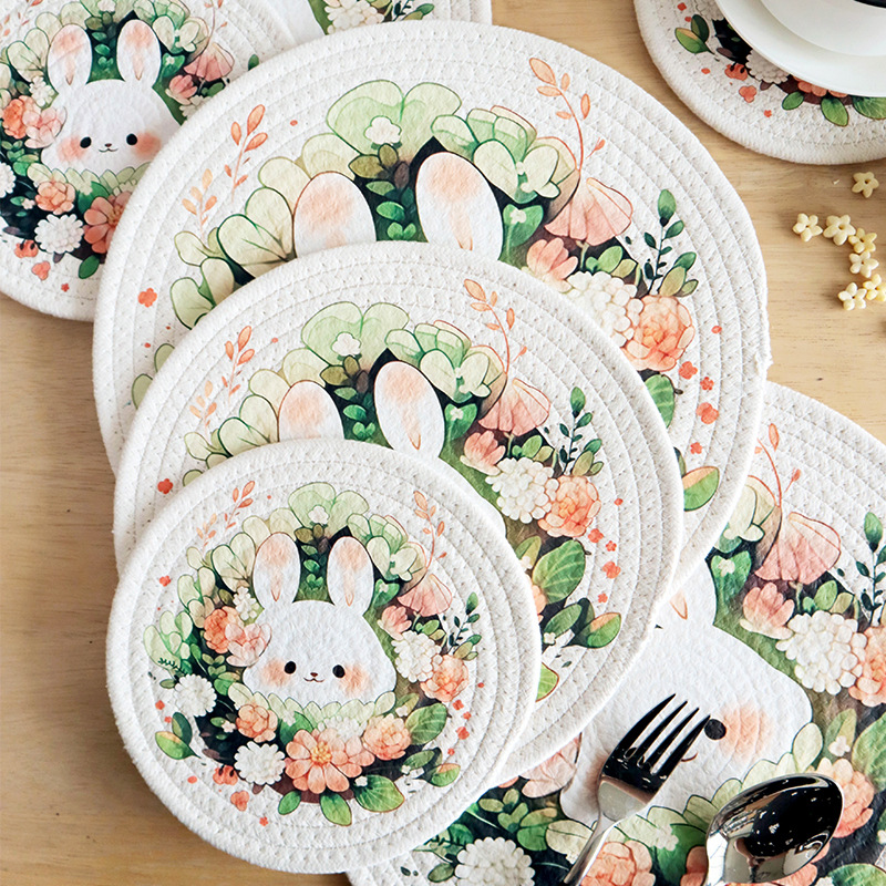 欧式 小兔子印花餐桌隔热垫 复古风家用餐垫隔热锅垫可爱风盘垫