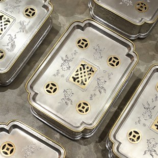 潮阳颜吉利 雕刻包铜边颜氏锡 手工锡大号茶盘 老潮汕工夫茶船