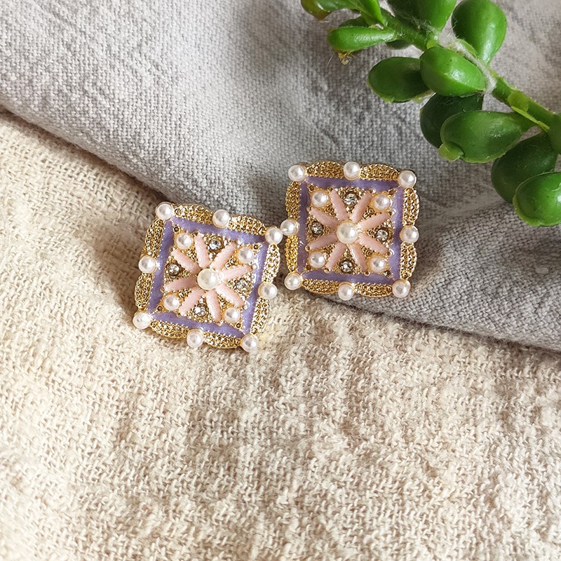 中式复古花砖形银针耳钉r方形合金彩色滴油镶嵌珍珠耳饰品女997