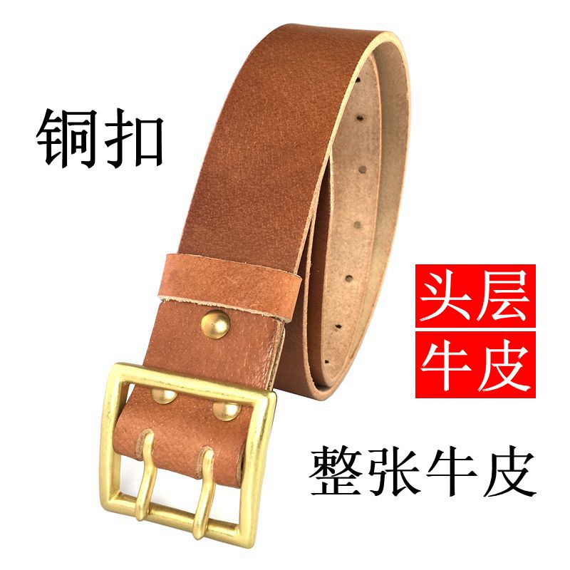 双针扣皮带男复古铜扣q中年爸爸工装老人腰带老年健身皮带力量训