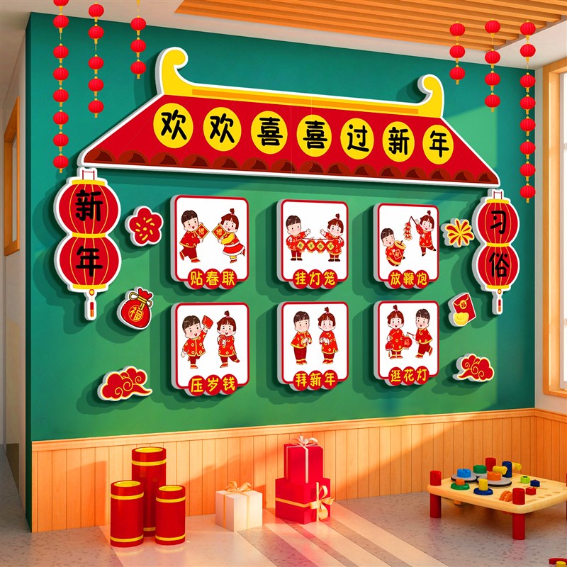 幼儿园新年c环创春节装饰传统日龙墙面装饰成品托育室大厅形象文