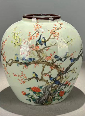 仿古玩清代光绪年制m粉彩回流罐豆青釉紫边坛茶叶罐家居装饰品收